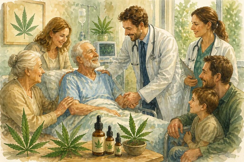 Illustrazione di un paziente anziano affetto da Alzheimer assistito da medici e familiari in ambiente ospedaliero. In primo piano sono presenti flaconi di olio CBN Full Spectrum e foglie di cannabis, simbolo della ricerca sui cannabinoidi e del loro possibile ruolo di supporto al benessere neurologico.