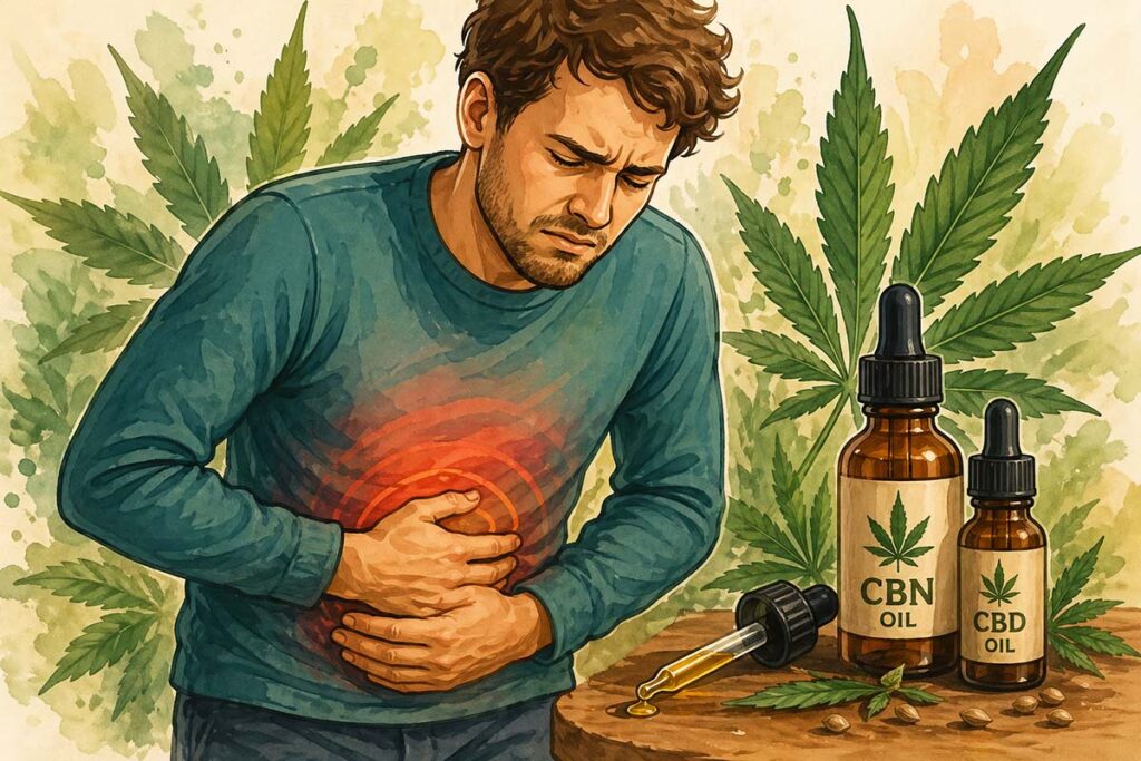 Illustrazione di un uomo con dolore addominale associato alla colite ulcerosa, affiancato da flaconi di olio CBN e CBD derivati dalla cannabis, utilizzati nello studio dei cannabinoidi per il benessere intestinale.