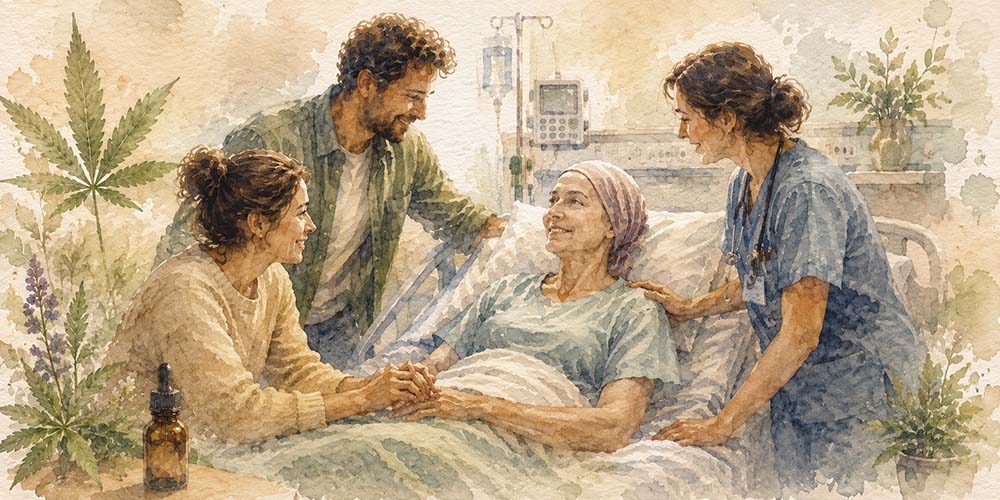 Illustrazione di una paziente oncologica assistita da familiari e personale sanitario durante il ricovero ospedaliero. In primo piano è visibile un flacone di Olio di CBN® Full Spectrum e foglie di cannabis, simbolo della ricerca sui cannabinoidi come possibile supporto complementare al benessere durante le terapie oncologiche.