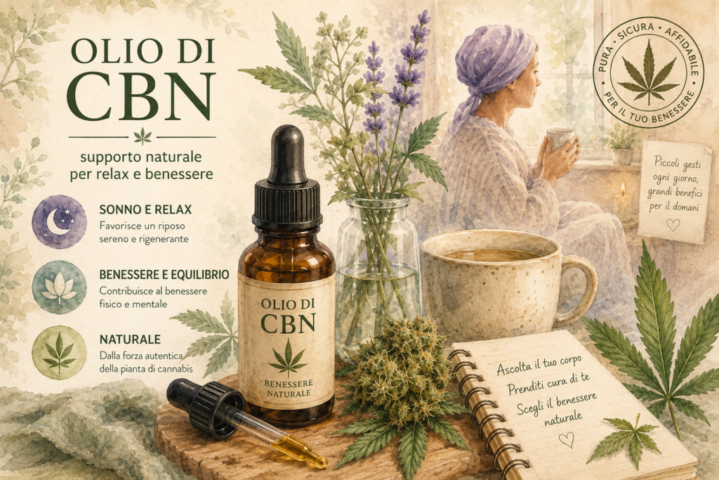 Infografica illustrata sull'Olio di CBN® Full Spectrum con elementi botanici della cannabis, una persona in un momento di relax e informazioni sul possibile supporto del cannabinolo al sonno, al rilassamento e al benessere generale nell'ambito di uno stile di vita sano.