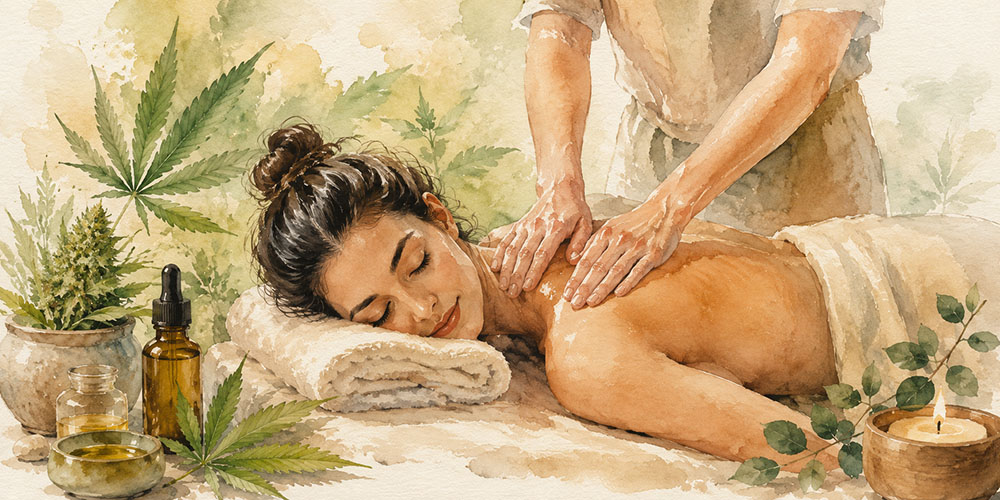 Illustrazione dedicata ai trattamenti di massaggio con Olio di CBN® Special Gold CBD Full Spectrum®. L'immagine rappresenta il crescente interesse verso l'utilizzo di formulazioni Full Spectrum nell'ambito del benessere olistico e della massoterapia, dove il cannabinolo (CBN), insieme agli altri cannabinoidi e terpeni naturalmente presenti nella pianta di cannabis, viene studiato per il suo possibile contributo al rilassamento e alla qualità dell'esperienza di massaggio, sempre come complemento a uno stile di vita sano.