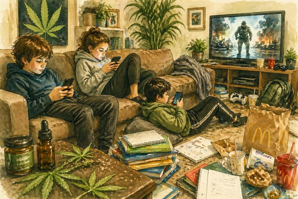Illustrazione di bambini e adolescenti in salotto mentre utilizzano smartphone e dispositivi digitali. In primo piano sono visibili foglie di cannabis e un flacone di olio CBN, a rappresentare il crescente interesse per i cannabinoidi e il benessere in età evolutiva.