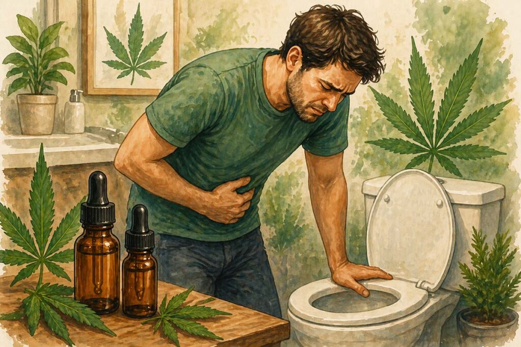 Rappresentazione illustrata della nausea indotta da processi oncologici e trattamenti chemoterapici dove i cannabinoidi presenti nella cannabis, tra cui CBD e CBN possono essere un valore aggiunto nel trattamento dei sintomi di nausea e vomito. L'immagine accompagna un approfondimento sul ruolo del sistema endocannabinoide e sulle più recenti ricerche dedicate alla salute prostatica.