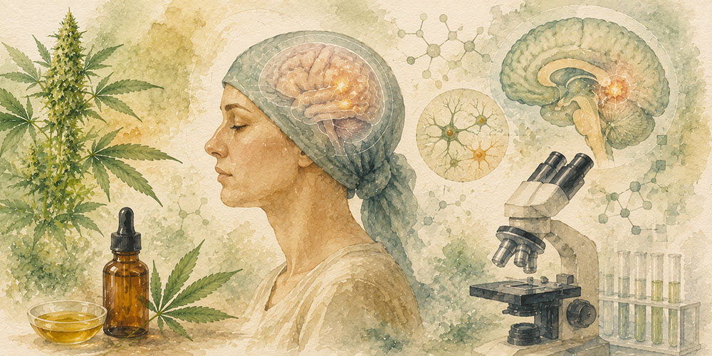 Illustrazione scientifica raffigurante una paziente, una pianta di cannabis, un flacone di olio ai cannabinoidi, il cervello umano e strumenti di laboratorio, a rappresentare la ricerca sui cannabinoidi e i tumori cerebrali.