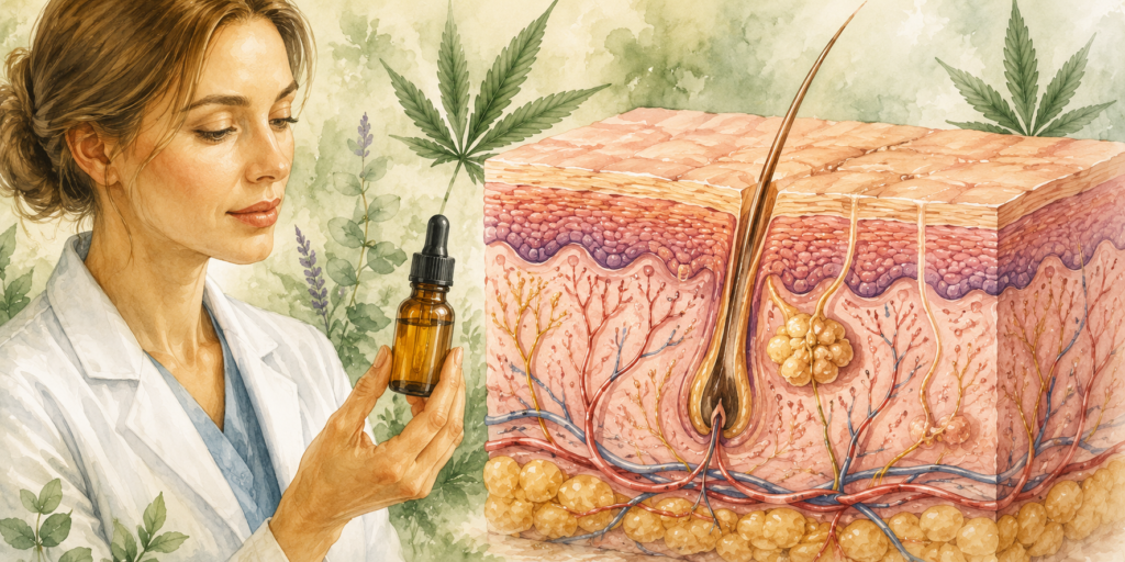 Donna ricercatrice che osserva un flacone di Olio di CBN Full Spectrum con illustrazione degli strati della pelle e del sistema endocannabinoide per il benessere cutaneo.