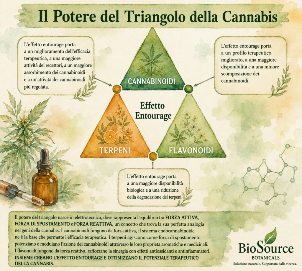 Infografica sull'effetto entourage della cannabis che mostra la sinergia tra cannabinoidi, terpeni e flavonoidi nel potenziare il potenziale terapeutico di un olio CBN Full Spectrum.