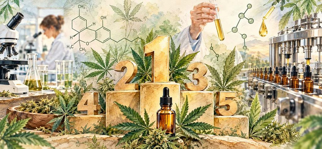 Olio CBN di qualità e ricerca sui cannabinoidi: laboratorio, analisi chimiche, pianta di canapa e flacone di olio CBN, con i 5 aspetti da valutare prima dell'acquisto.