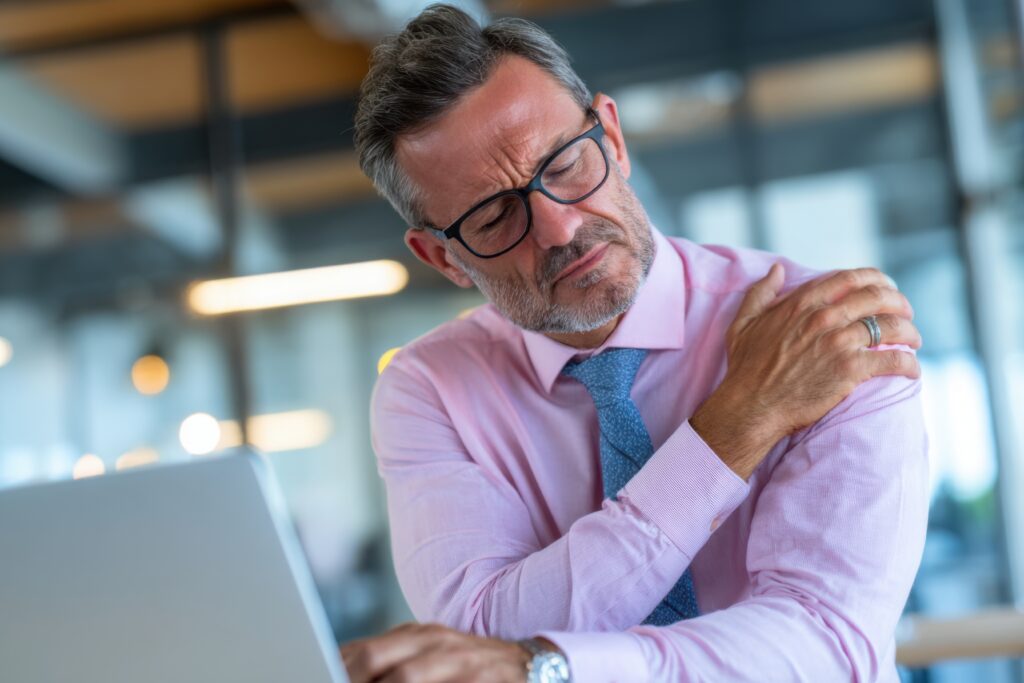 Un uomo adulto seduto alla scrivania in un moderno ambiente di lavoro, con una mano appoggiata sulla spalla e un'espressione che suggerisce disagio fisico. L'immagine accompagna un articolo dedicato al dolore cronico, ai cannabinoidi e agli estratti di CBN a spettro completo.